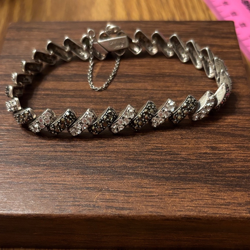 925 Sterling Silver Marcasite and Crystal Bracelet 7 1/2”